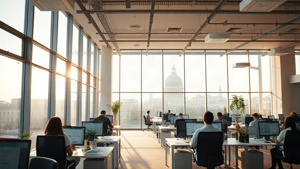 Bureau lumineux avec quelques personnes au travail au fond